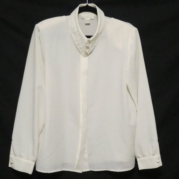 SUSAN HUTTON | size 14 | Elegant White Dress Shirt | Shoulder Pads | Polyester - Picture 1 of 14